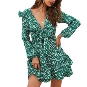 Green and white polka dot‎ mini dress. Deep V neck. Size M